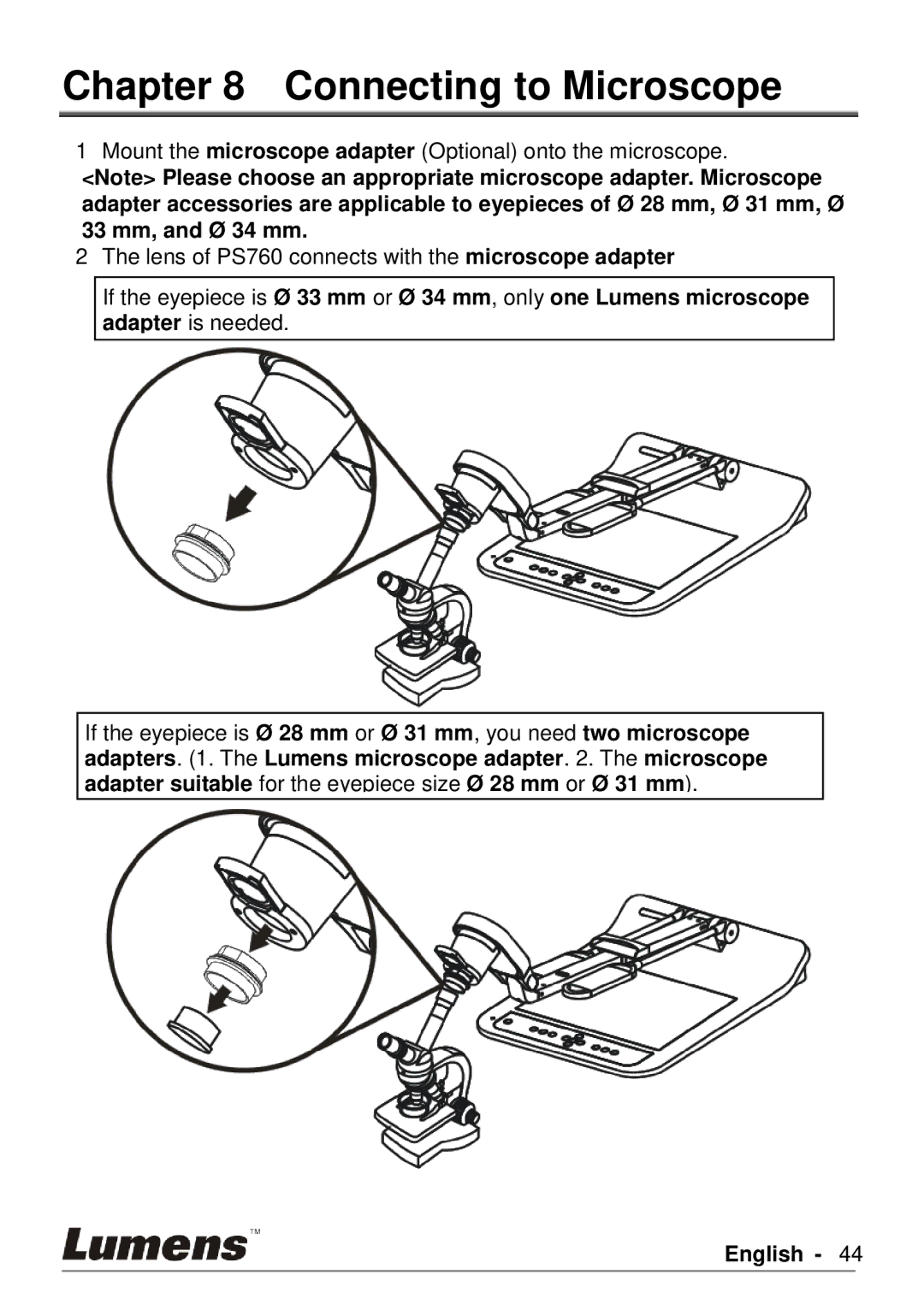 Lumens Technology PS760 user manual Connecting to Microscope 