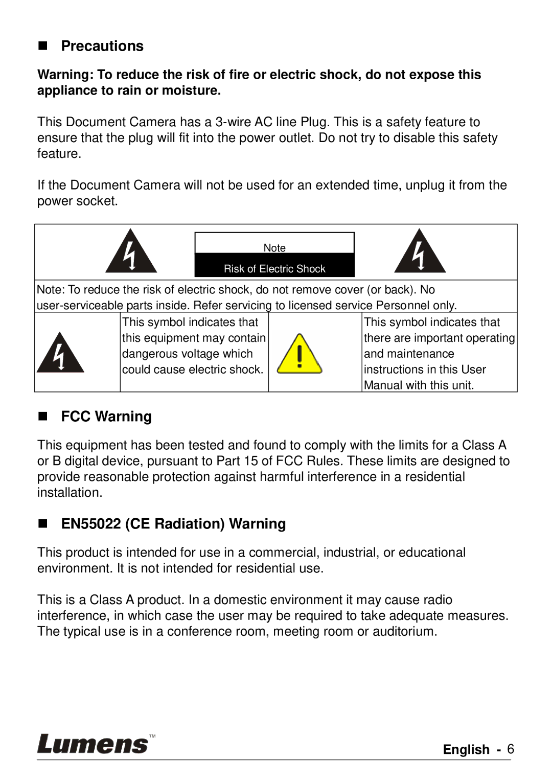 Lumens Technology PS760 user manual  Precautions,  FCC Warning,  EN55022 CE Radiation Warning 