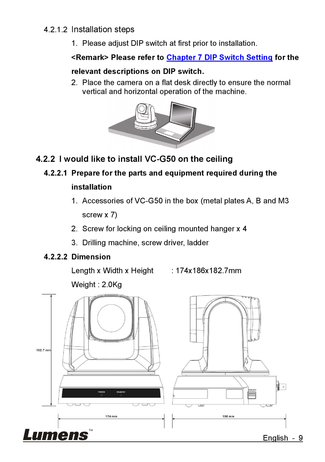 Lumens Technology quick start Would like to install VC-G50 on the ceiling, Dimension 