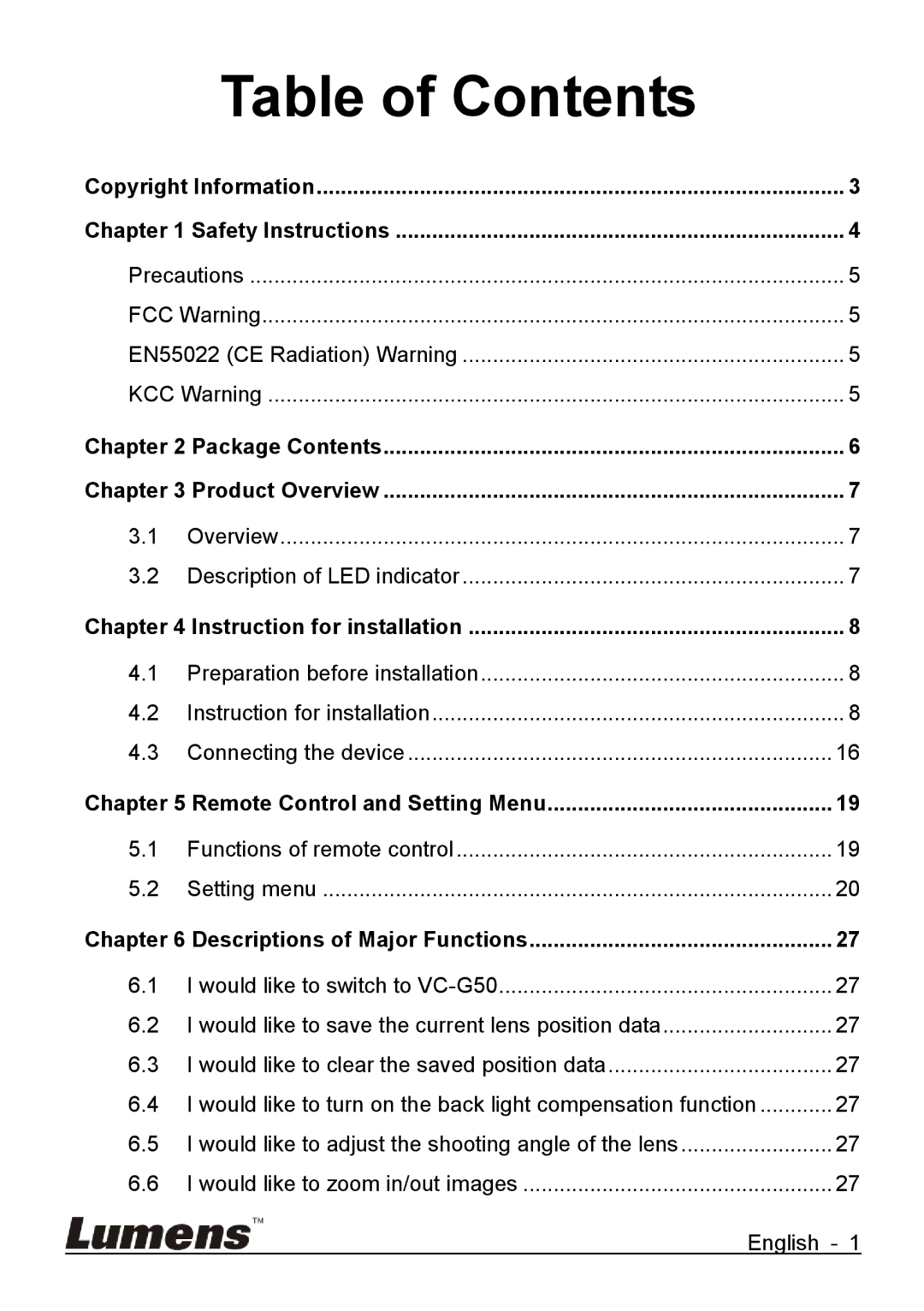 Lumens Technology VC-G50 quick start Table of Contents 