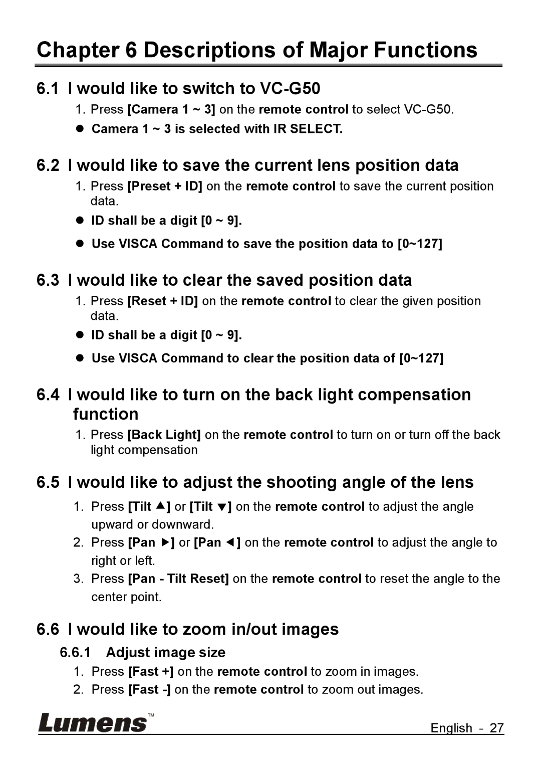 Lumens Technology quick start Would like to switch to VC-G50, Would like to save the current lens position data 