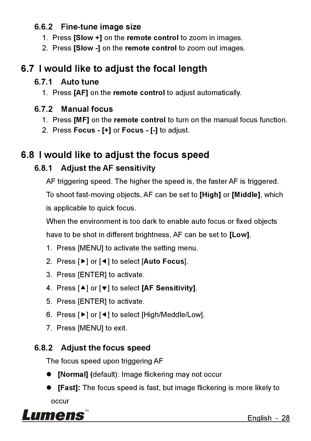 Lumens Technology VC-G50 quick start Would like to adjust the focal length, Would like to adjust the focus speed 