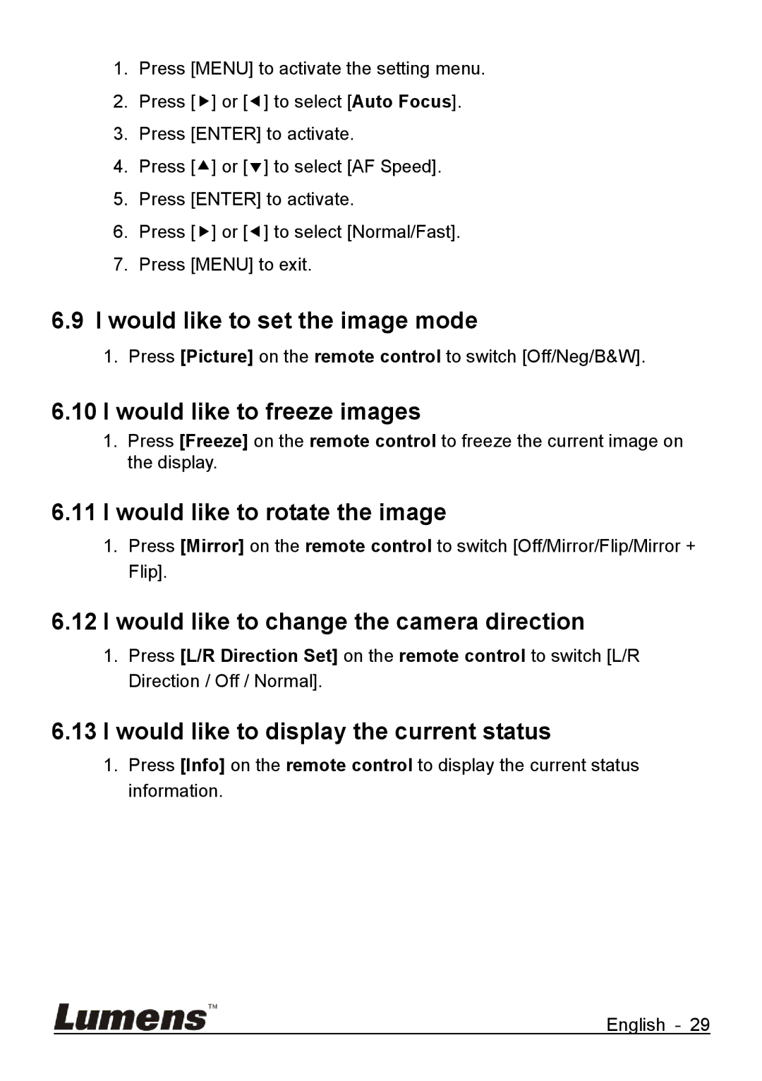 Lumens Technology VC-G50 Would like to set the image mode, Would like to freeze images, Would like to rotate the image 