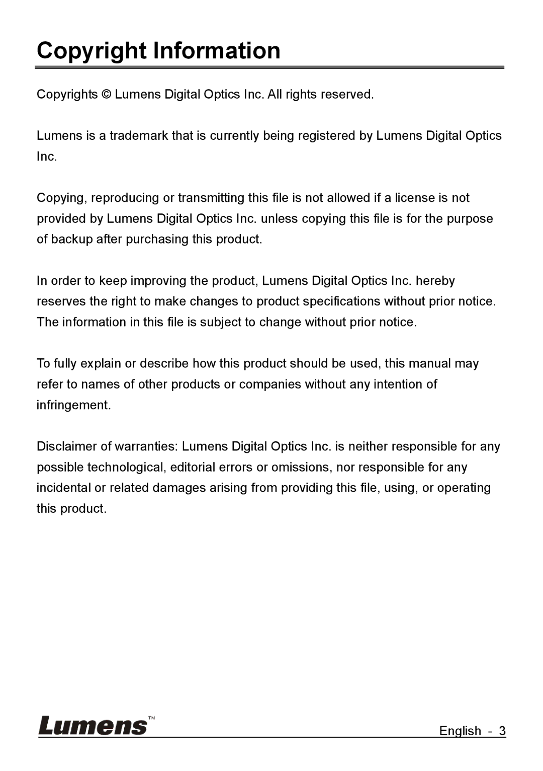 Lumens Technology VC-G50 quick start Copyright Information 