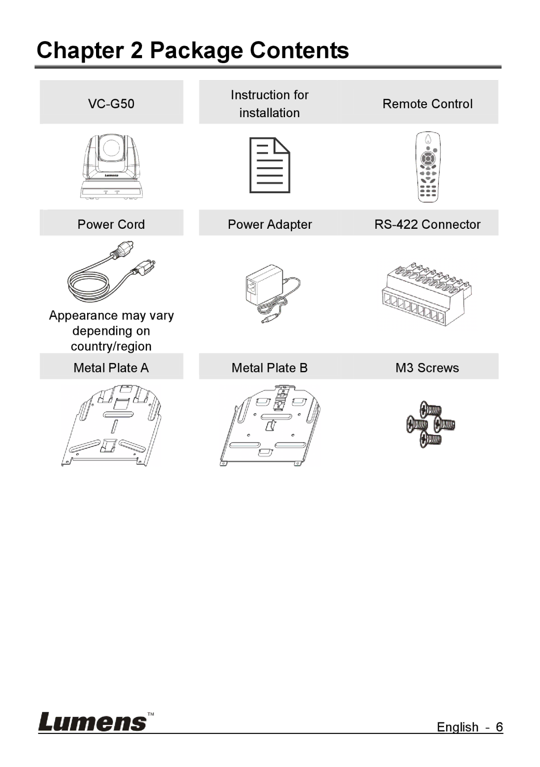 Lumens Technology VC-G50 quick start Package Contents 