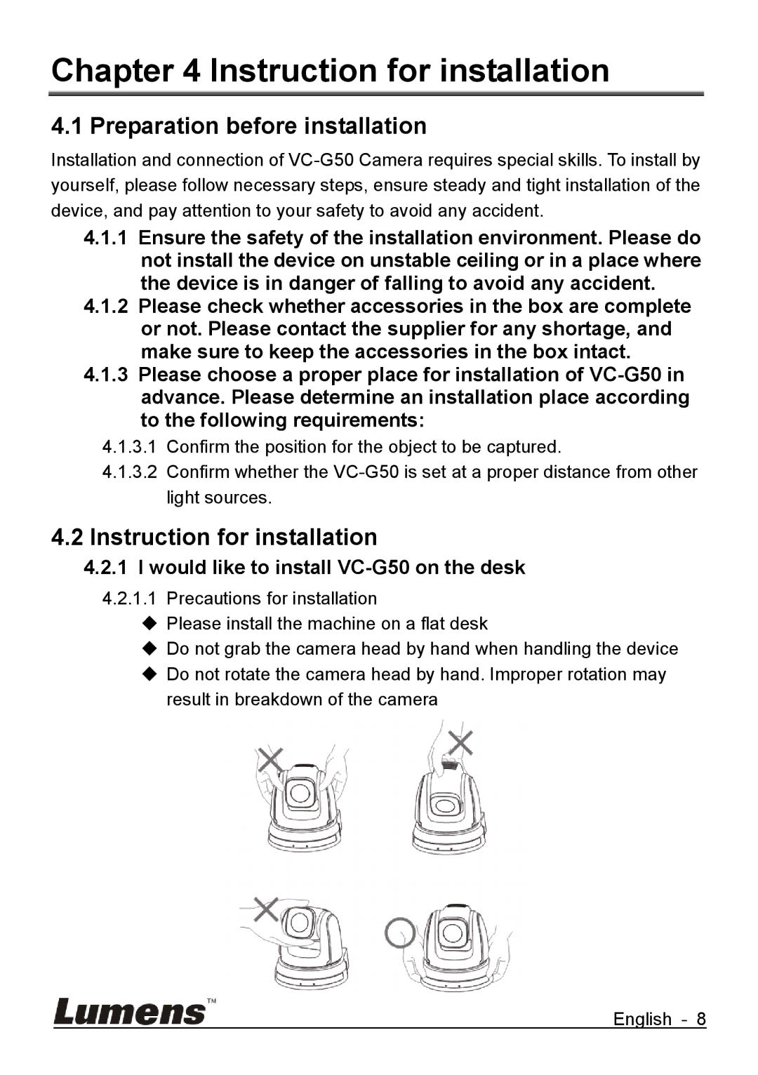 Lumens Technology VC-G50 quick start Instruction for installation, Preparation before installation 