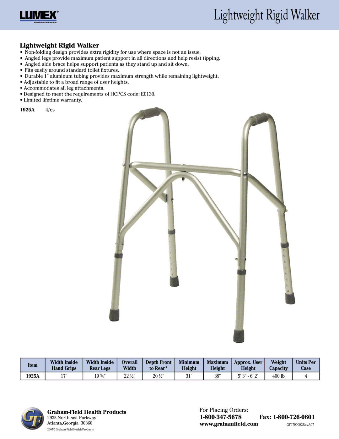 Lumex Syatems warranty Lightweight Rigid Walker, 1925A 4/cs 