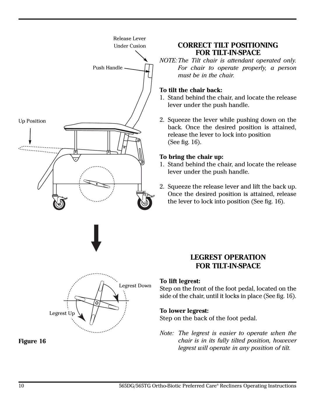 Lumex Syatems 565TG, 565DG operating instructions Correct Tilt Positioning For TILT-IN-SPACE, Legrest Operation 