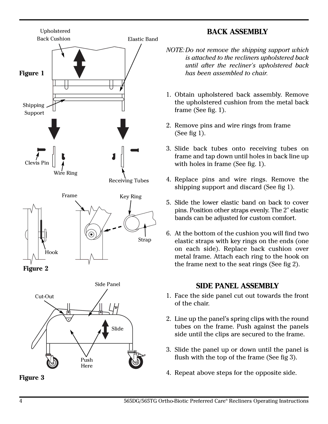 Lumex Syatems 565TG, 565DG operating instructions Back Assembly, Side Panel Assembly 