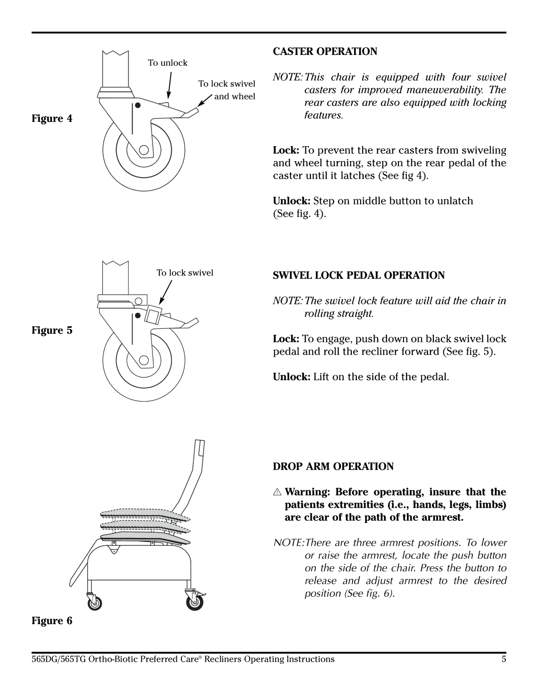 Lumex Syatems 565DG, 565TG operating instructions Caster Operation, Swivel Lock Pedal Operation, Drop ARM Operation 