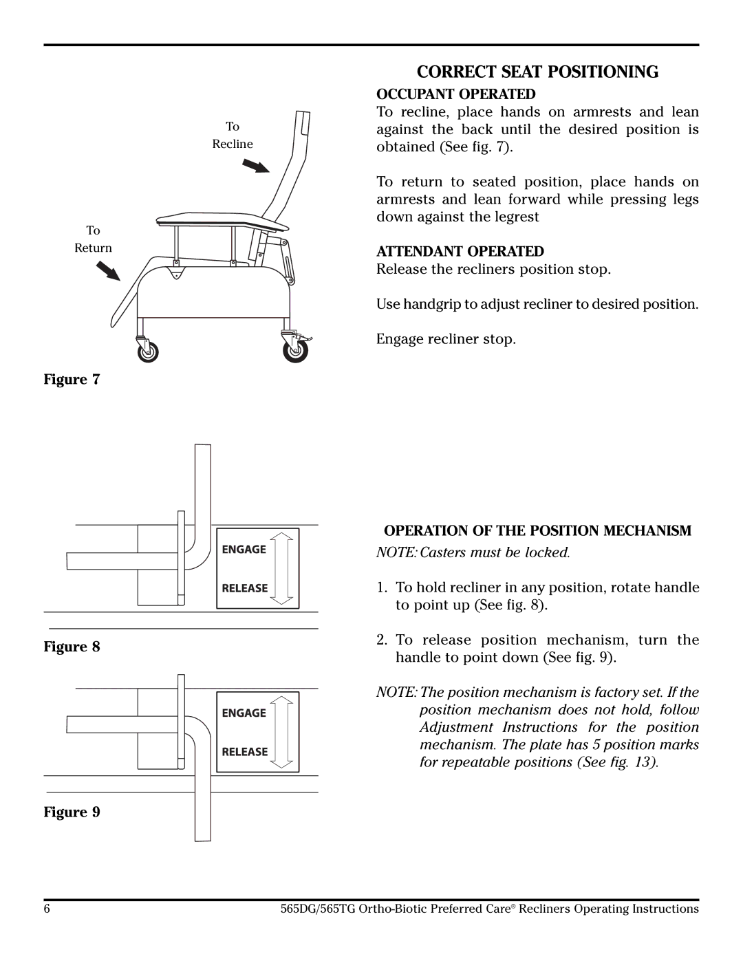 Lumex Syatems 565TG Correct Seat Positioning, Occupant Operated, Attendant Operated, Operation of the Position Mechanism 