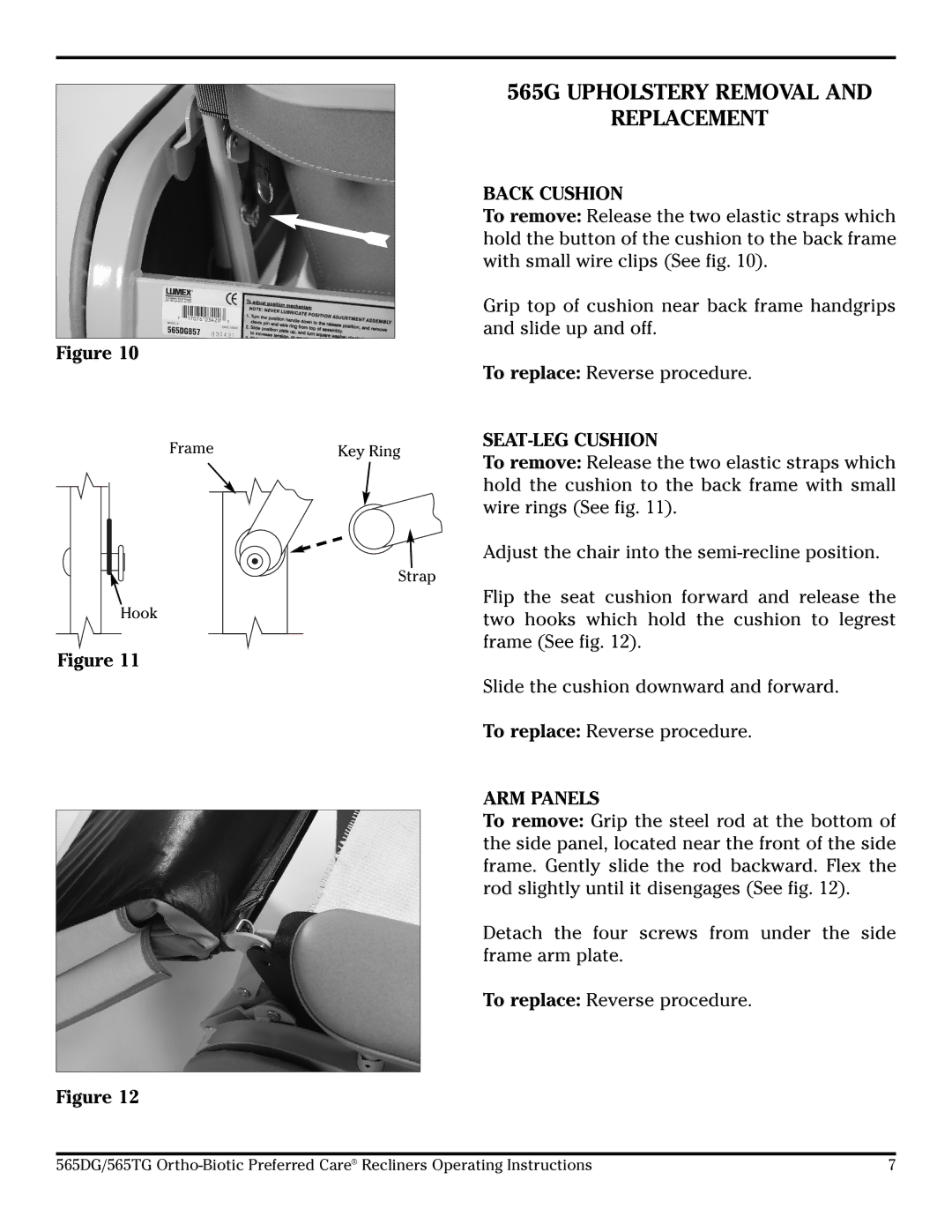 Lumex Syatems 565DG, 565TG 565G Upholstery Removal Replacement, Back Cushion, SEAT-LEG Cushion, ARM Panels 