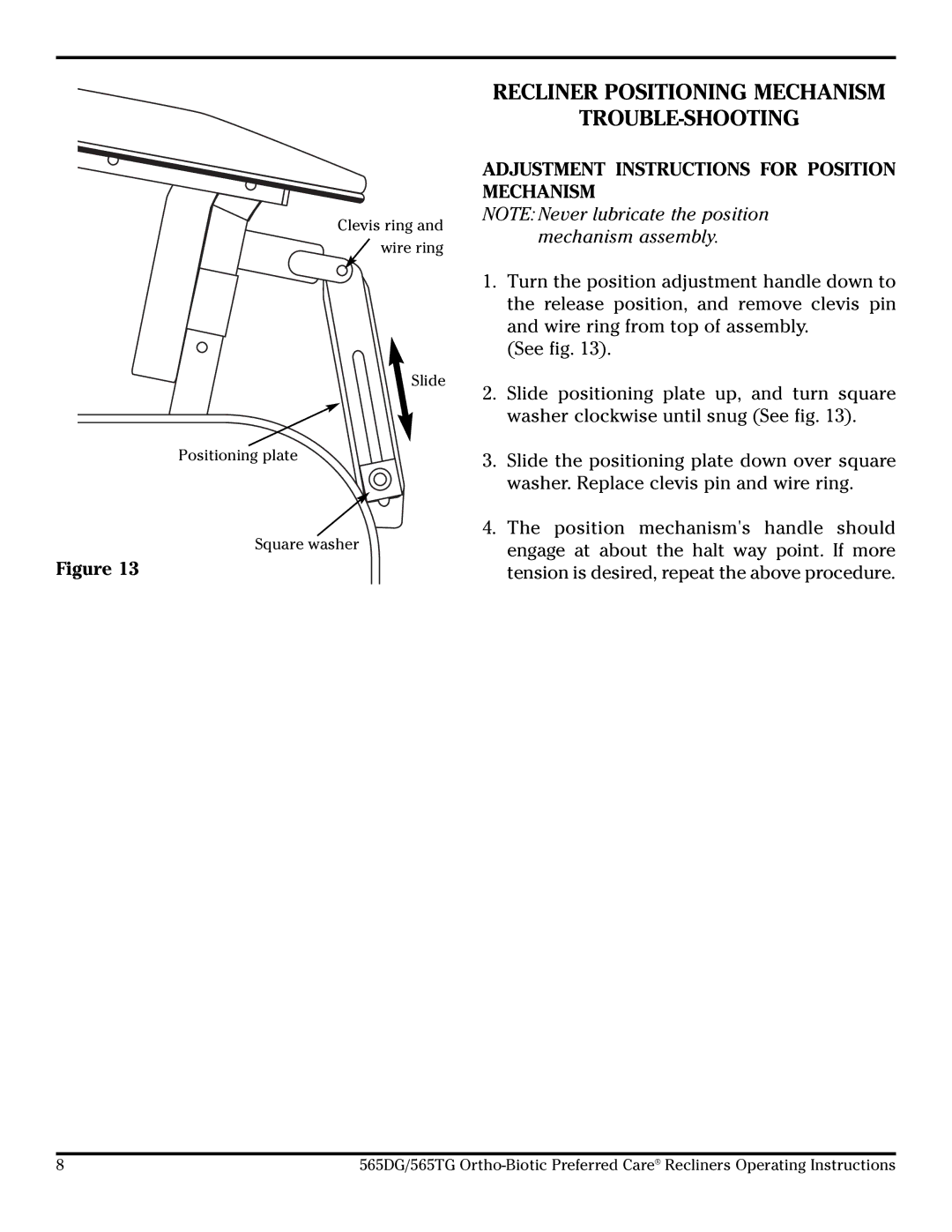 Lumex Syatems 565TG, 565DG Recliner Positioning Mechanism TROUBLE-SHOOTING, Adjustment Instructions for Position Mechanism 