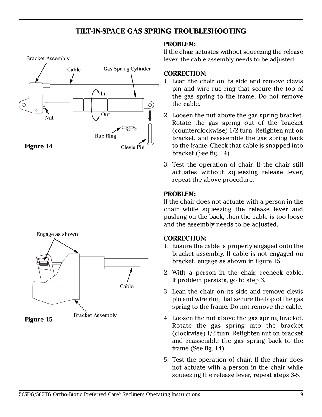 Lumex Syatems 565DG, 565TG operating instructions TILT-IN-SPACE GAS Spring Troubleshooting, Problem, Correction 