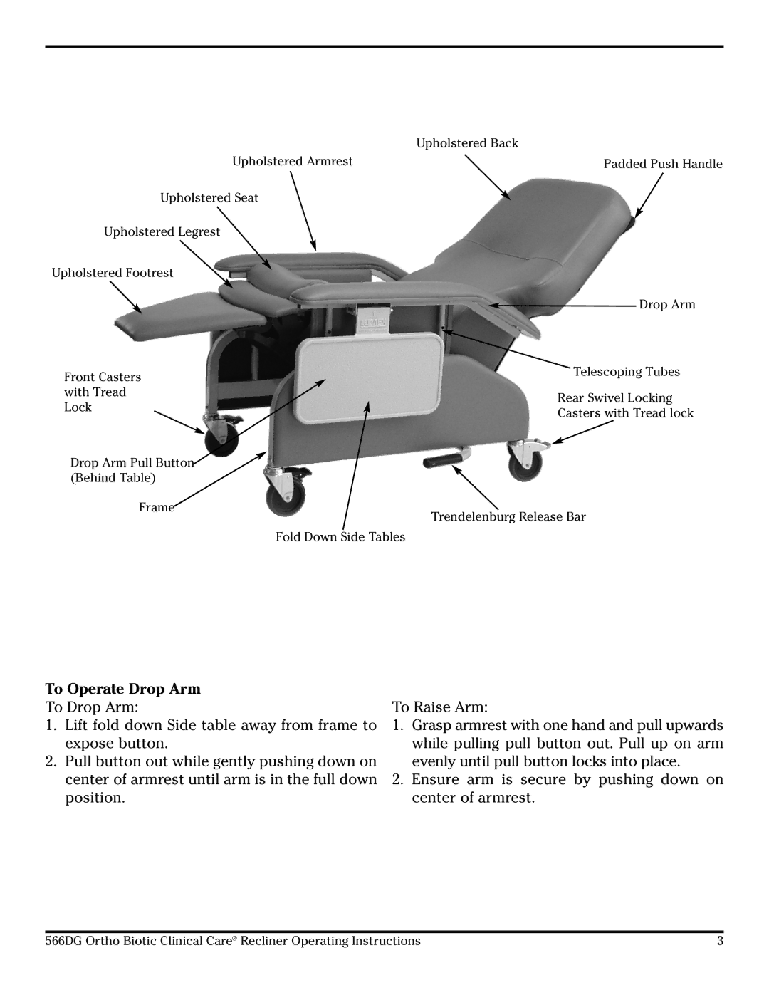 Lumex Syatems 566DG manual To Operate Drop Arm 