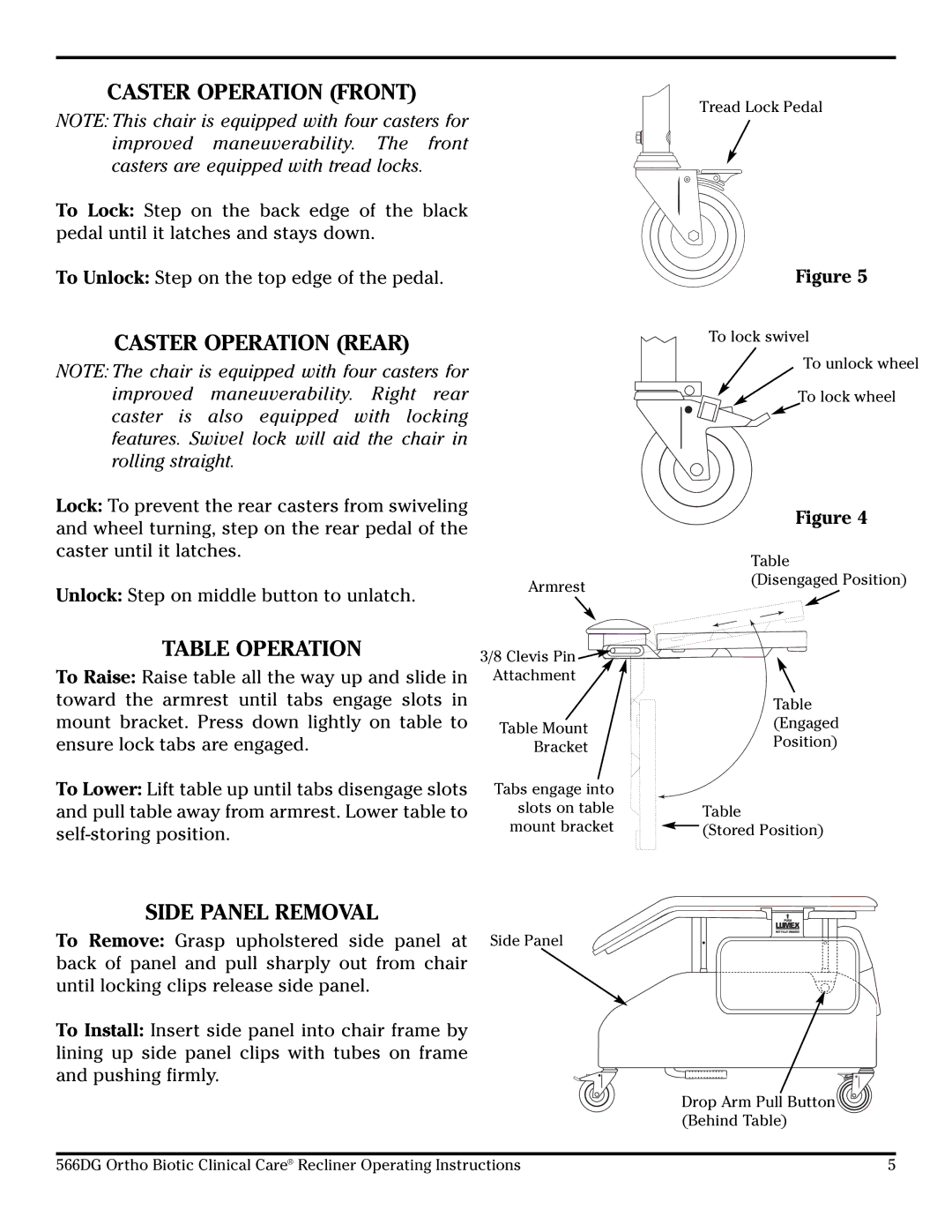 Lumex Syatems 566DG manual Caster Operation Front, Caster Operation Rear, Table Operation, Side Panel Removal 