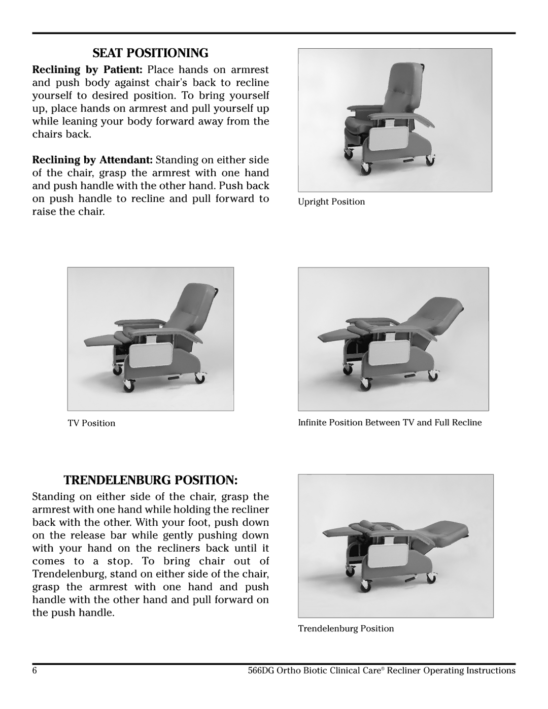 Lumex Syatems 566DG manual Seat Positioning, Trendelenburg Position 