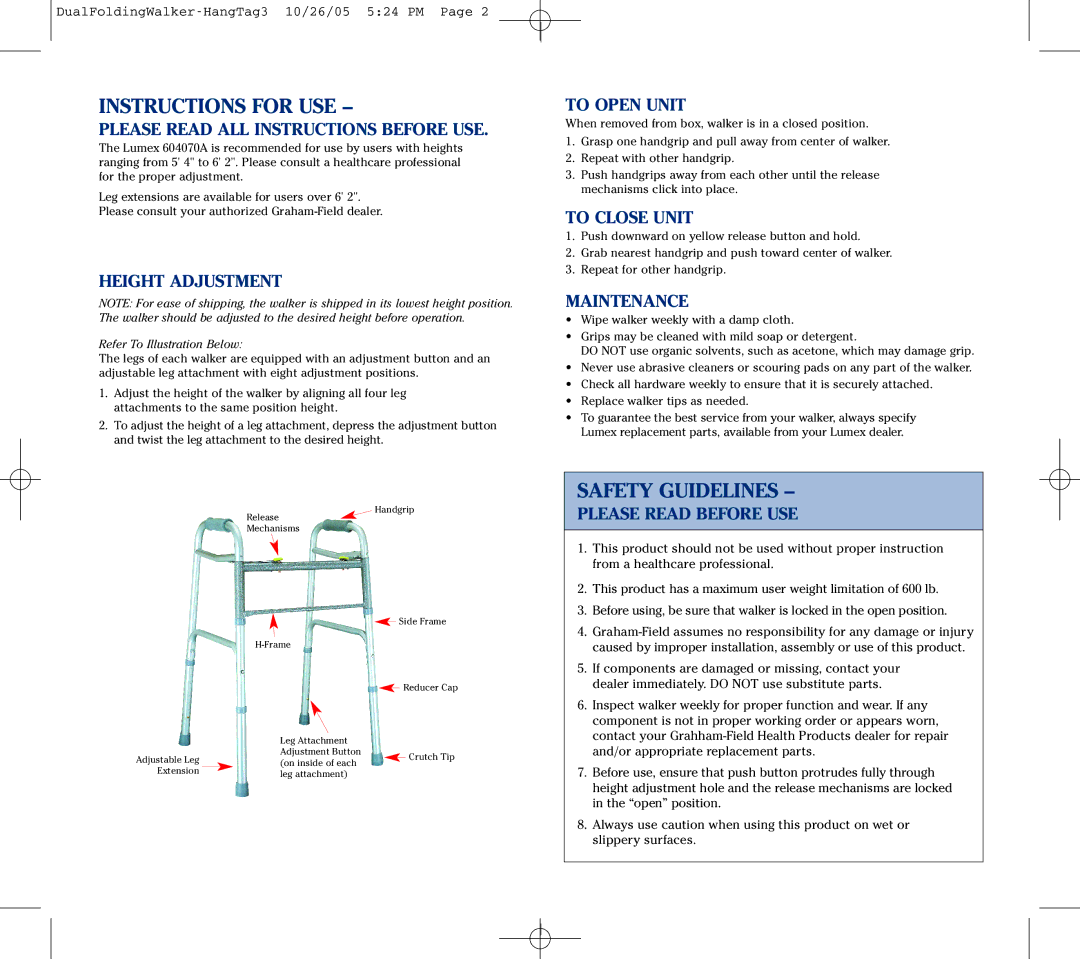 Lumex Syatems 604070A warranty Instructions for USE, Safety Guidelines 