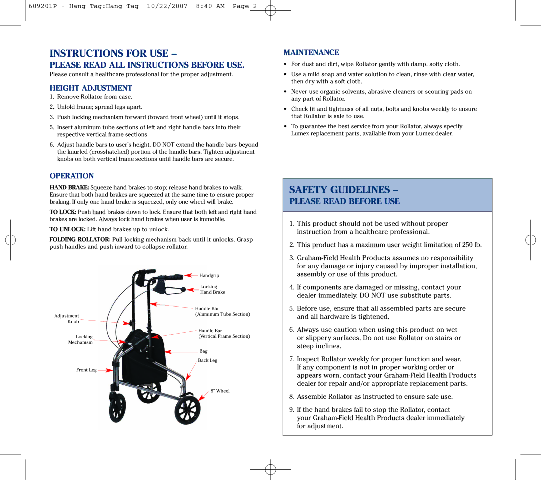 Lumex Syatems 609201M, 609201B, 609201P Instructions for USE, Safety Guidelines, Please Read ALL Instructions Before USE 