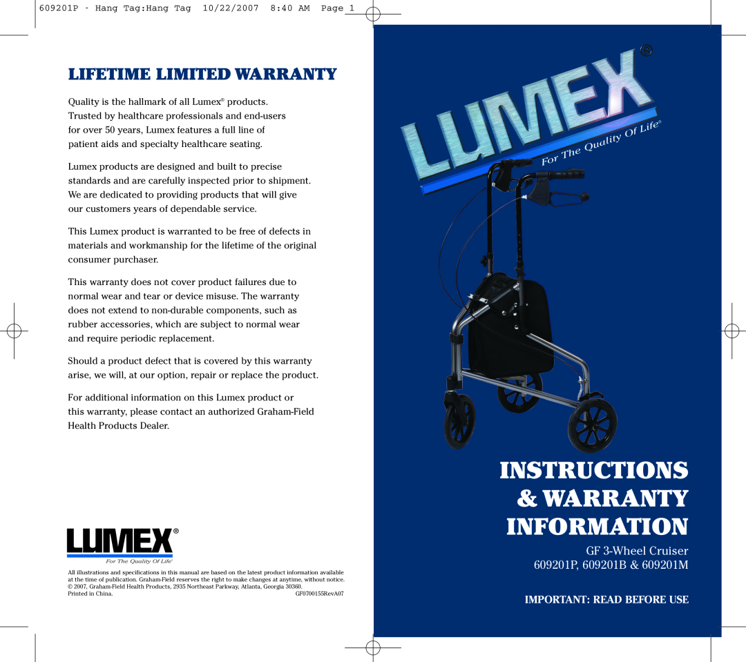 Lumex Syatems 609201P warranty Instructions Warranty Information, Lifetime Limited Warranty, Important Read Before Use 