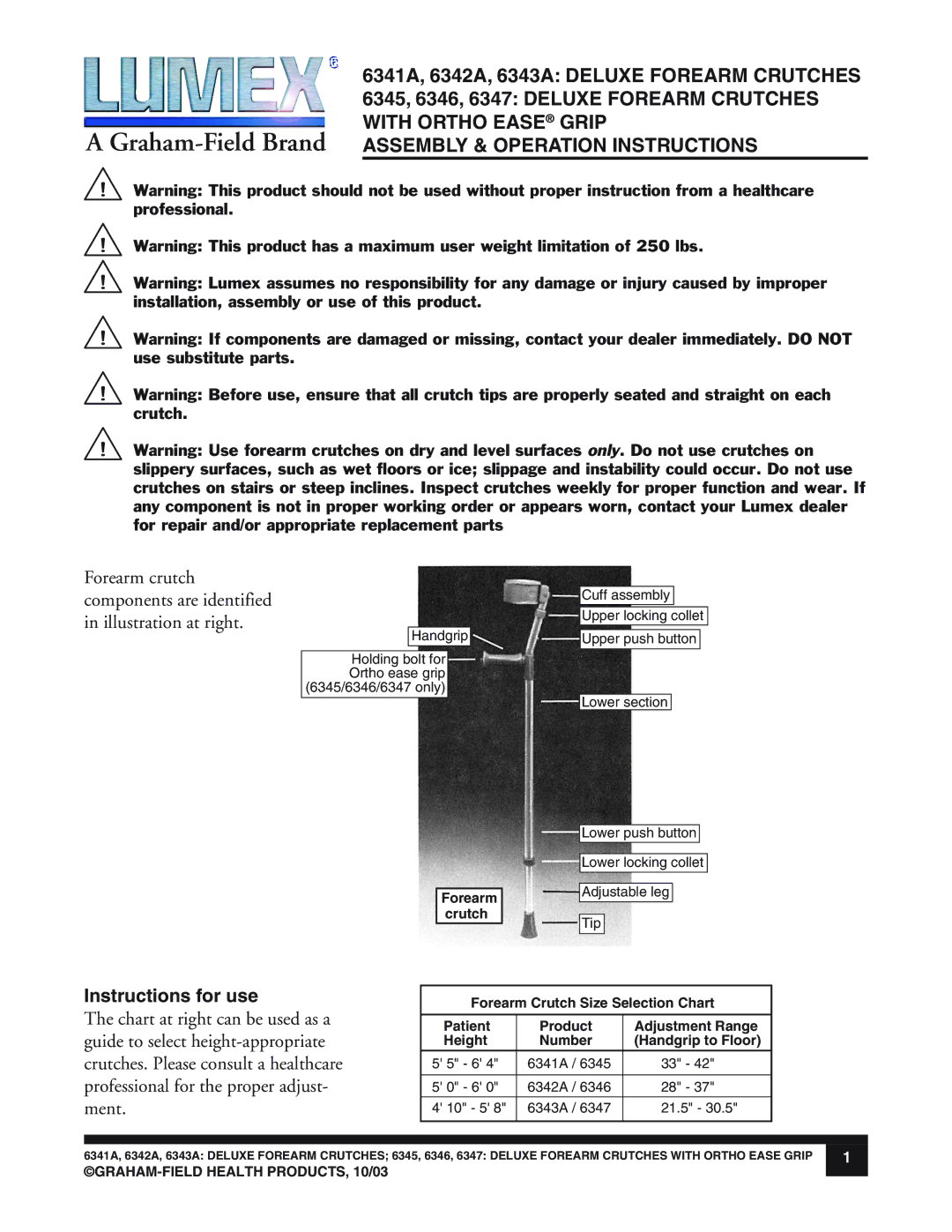 Lumex Syatems 6347, 6346 manual Graham-Field Brand Assembly & Operation Instructions, Instructions for use, Forearm crutch 