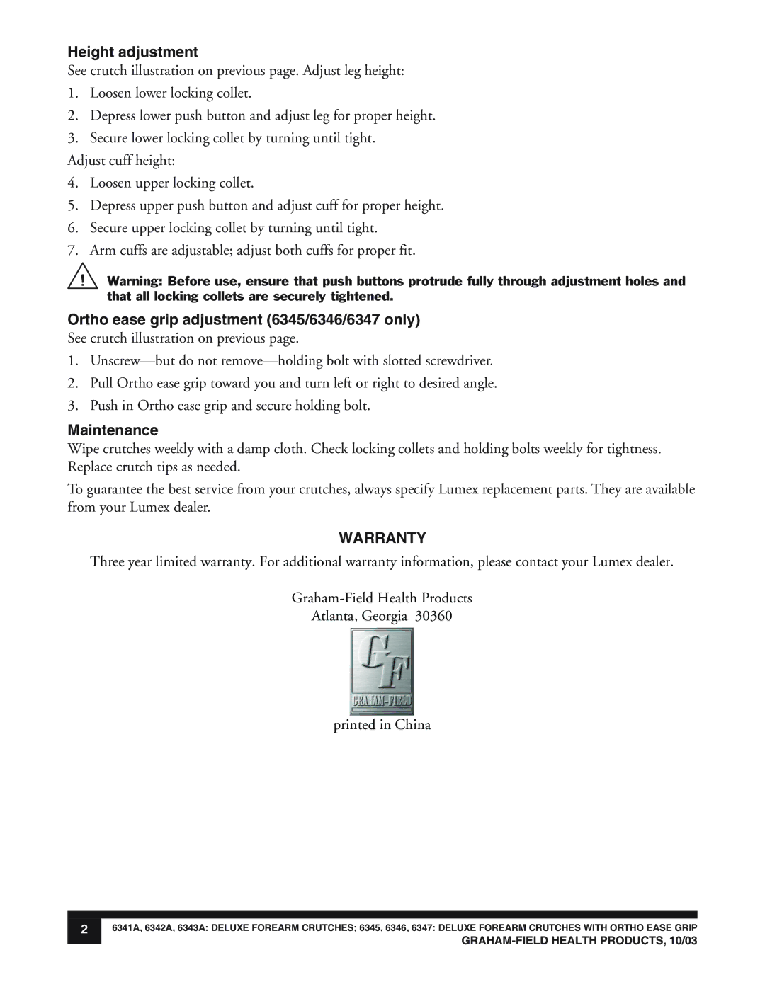 Lumex Syatems 6342A, 6341A Height adjustment, Ortho ease grip adjustment 6345/6346/6347 only, Maintenance, Warranty 