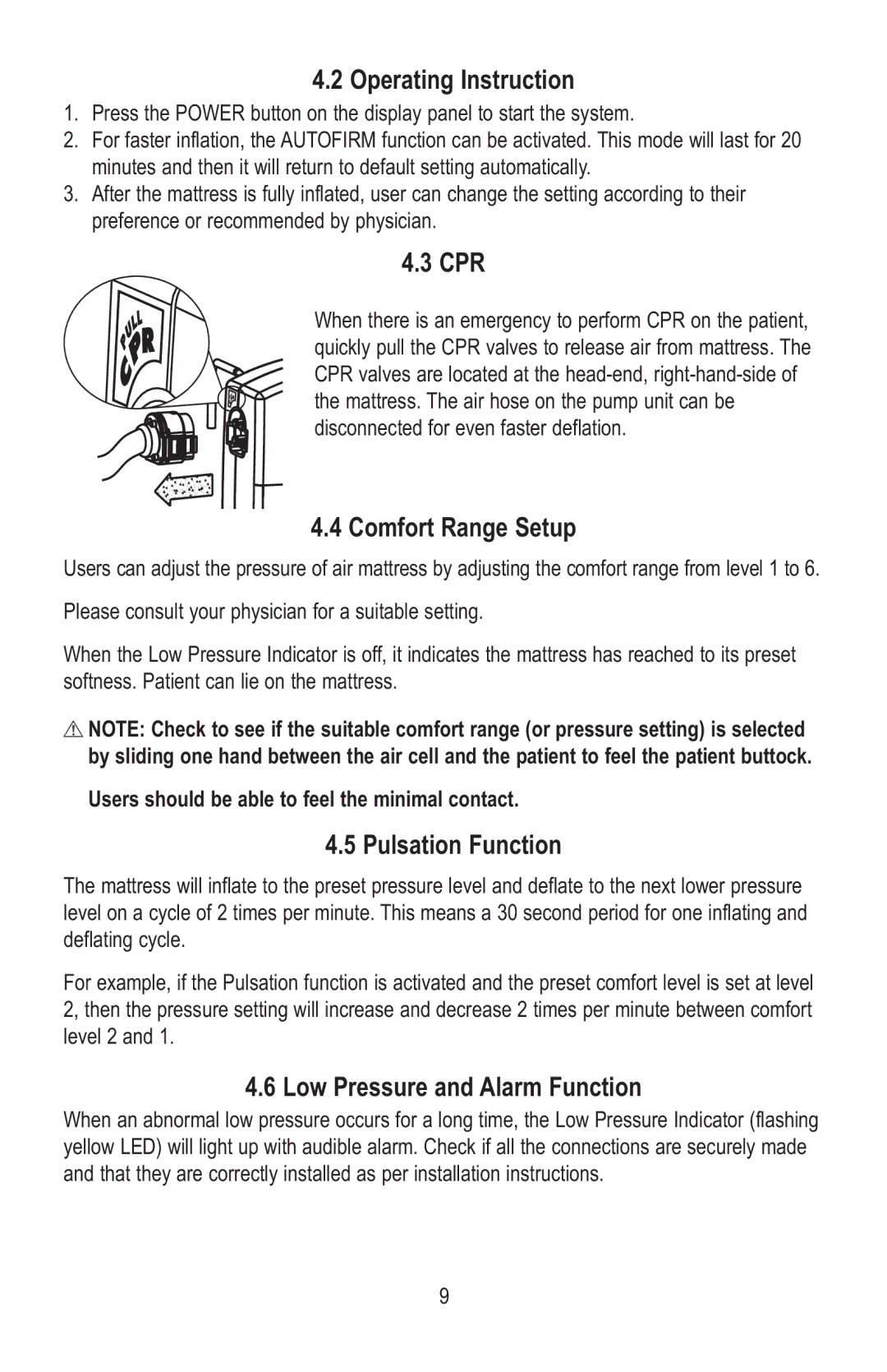 Lumex Syatems 763400A Operating Instruction, Cpr, Comfort Range Setup, Pulsation Function, Low Pressure and Alarm Function 