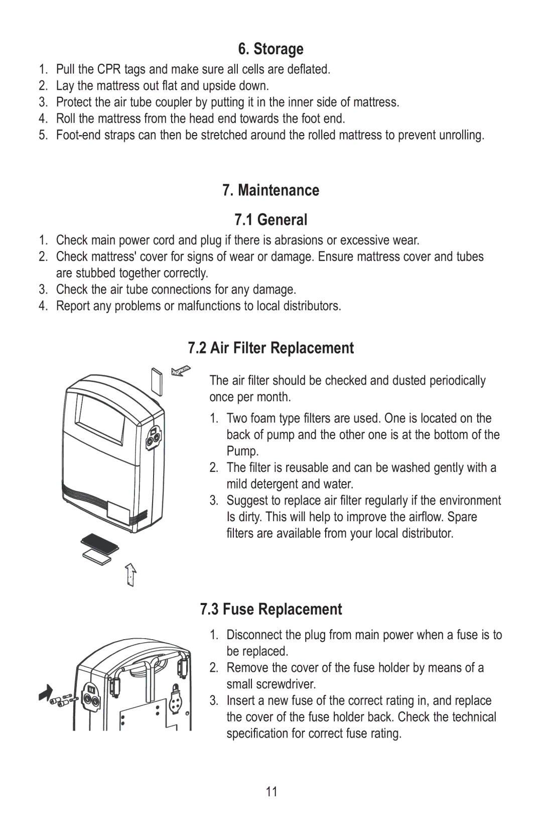 Lumex Syatems 763400A manual Storage, Maintenance General, Air Filter Replacement, Fuse Replacement 