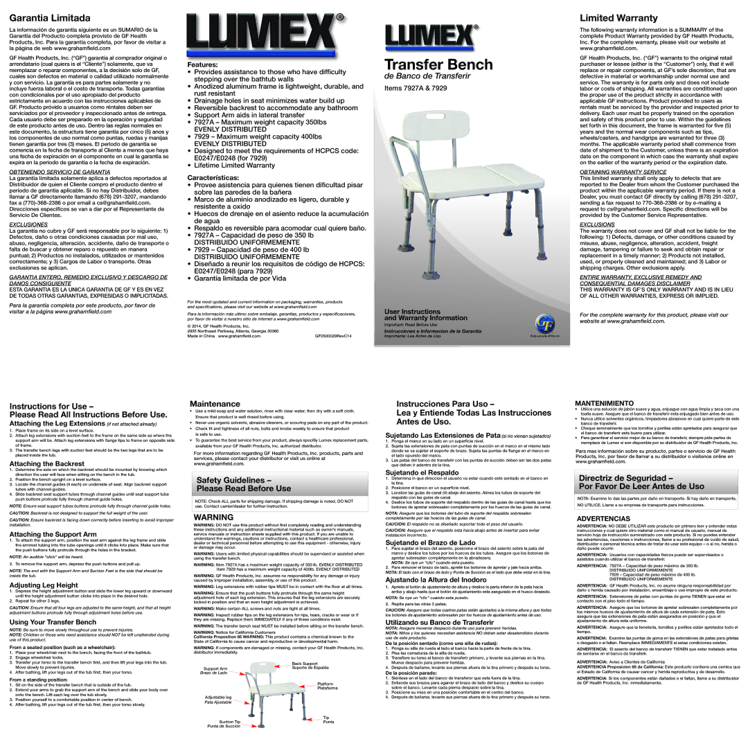 Lumex Syatems 7929 warranty Features, Características, User Instructions Warranty Information, Attaching the Backrest 