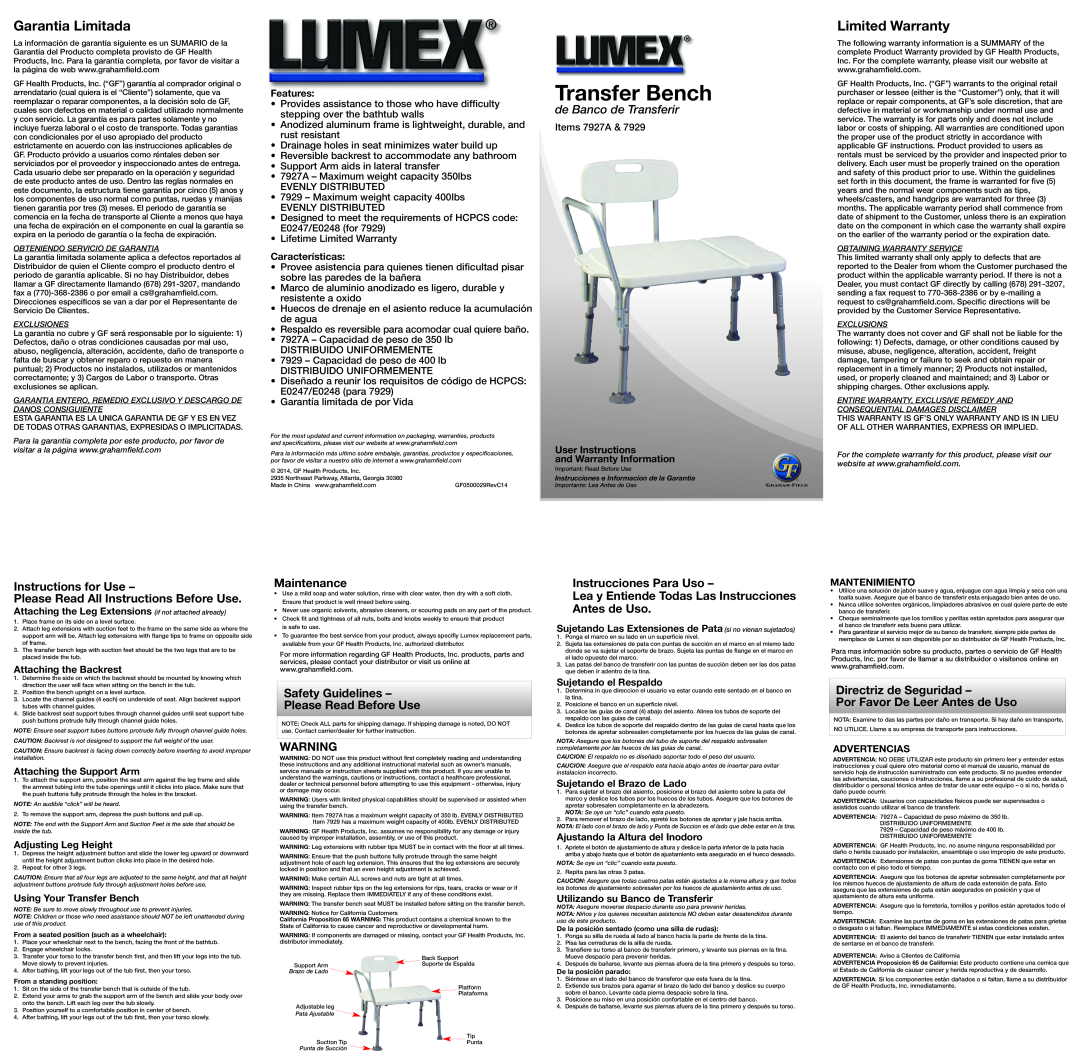 Lumex Syatems 7929 warranty Transfer Bench, Garantia Limitada, Limited Warranty, de Banco de Transferir, Maintenance 