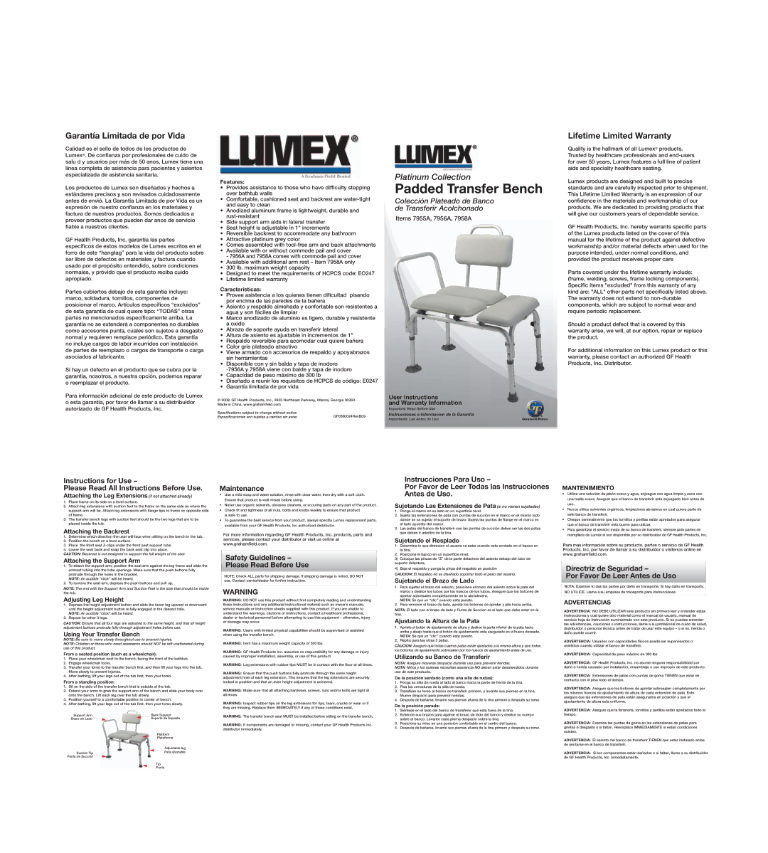 Lumex Syatems 7955A warranty User Instructions Warranty Information, Attaching the Leg Extensions if not attached already 