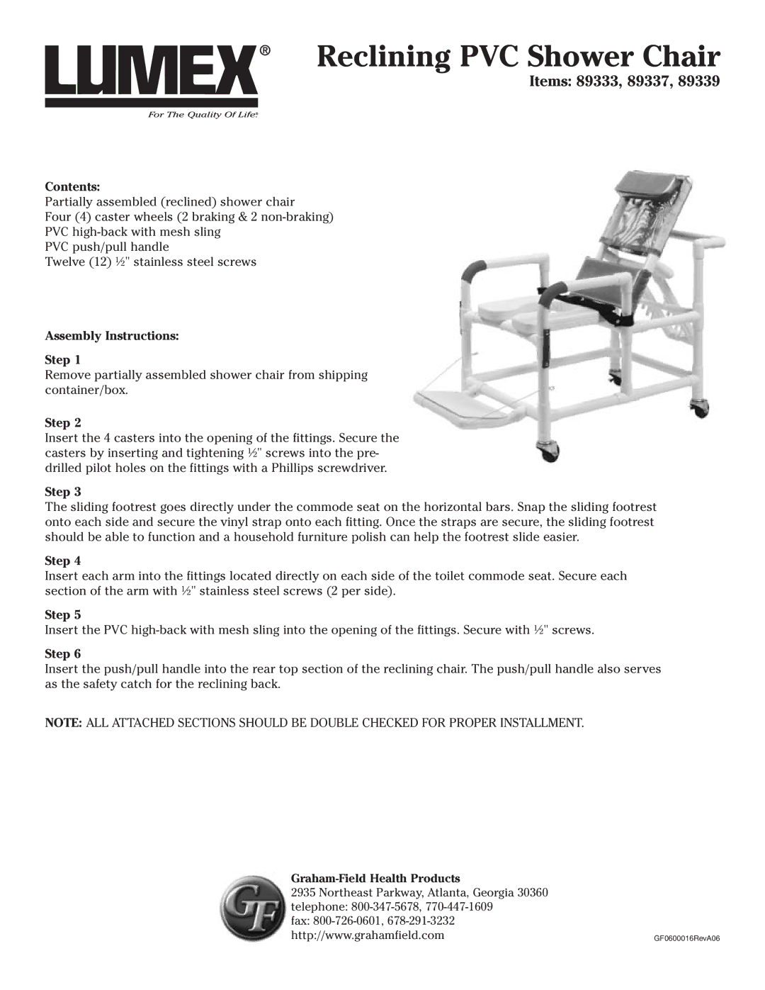 Lumex Syatems 89339 manual Reclining PVC Shower Chair, Items 89333, 89337, Contents, Assembly Instructions Step 