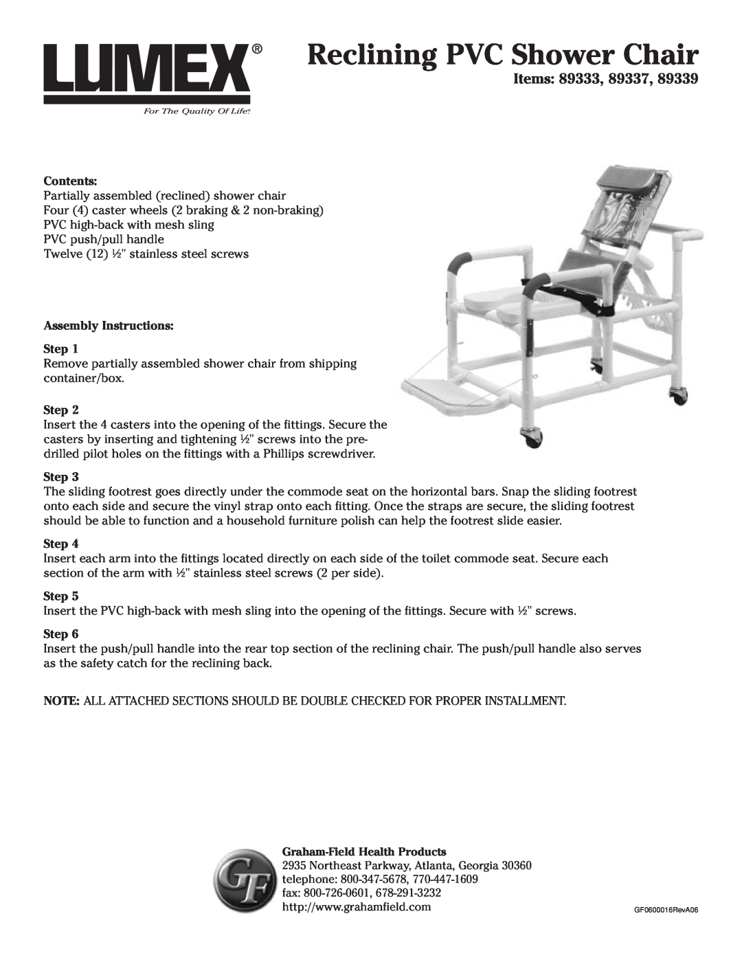 Lumex Syatems 89339 manual Reclining PVC Shower Chair, Items 89333, 89337, Contents, Assembly Instructions Step 