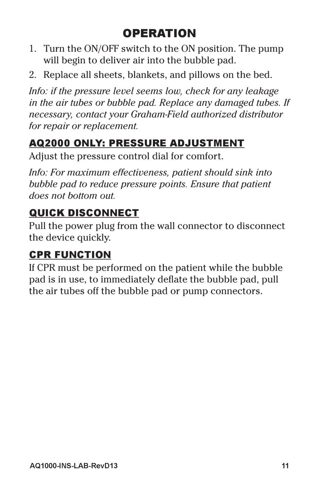 Lumex Syatems AQ1000 user manual Operation, AQ2000 only Pressure Adjustment, Quick Disconnect, CPR Function 