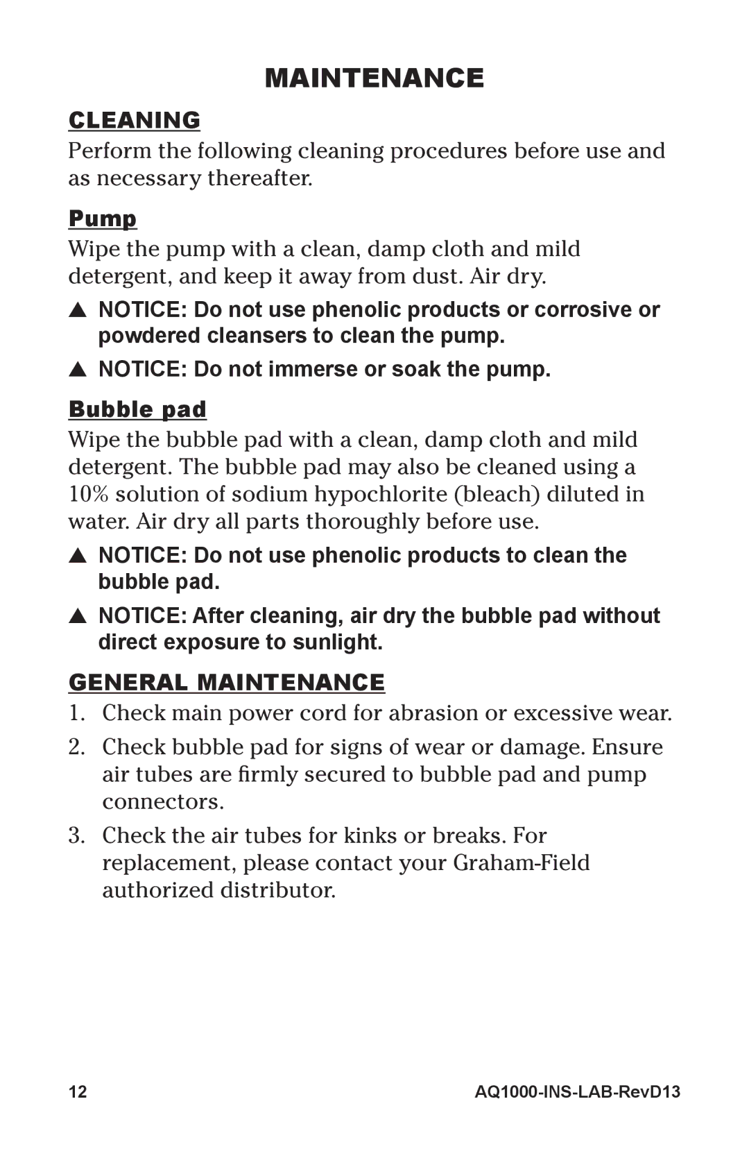 Lumex Syatems AQ1000, AQ2000 user manual Cleaning, Pump, Bubble pad, General Maintenance 