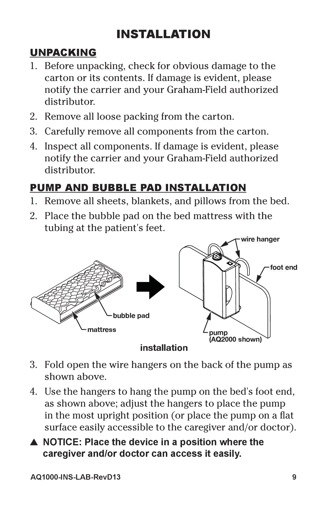 Lumex Syatems AQ2000, AQ1000 user manual Unpacking, Pump and Bubble PAD Installation 