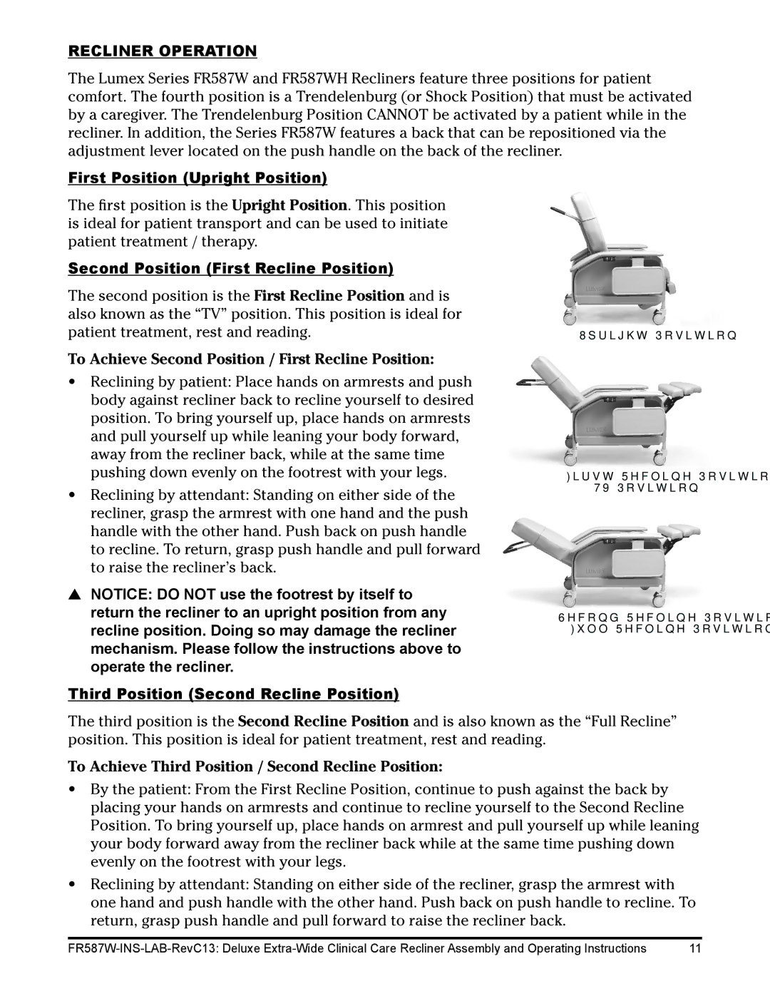 Lumex Syatems FR587WH Recliner Operation, First Position Upright Position, Second Position First Recline Position 