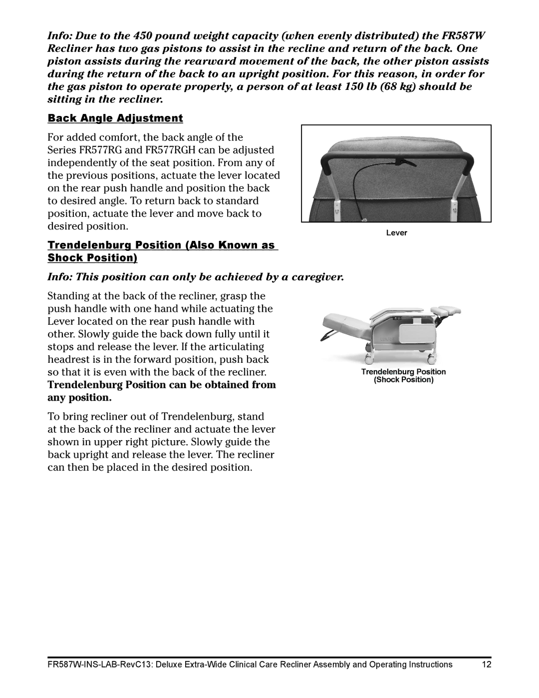 Lumex Syatems FR587WH operating instructions Back Angle Adjustment, Trendelenburg Position Also Known as Shock Position 