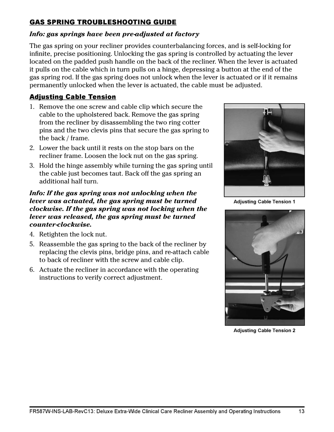 Lumex Syatems FR587WH operating instructions GAS Spring Troubleshooting Guide, Adjusting Cable Tension 