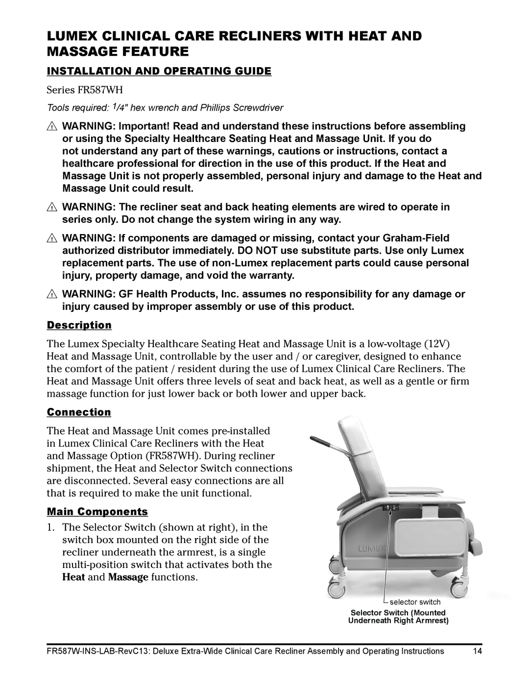 Lumex Syatems FR587WH Lumex Clinical Care Recliners with Heat and Massage Feature, Installation and Operating Guide 