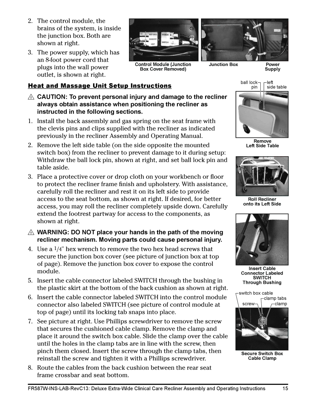 Lumex Syatems FR587WH operating instructions Heat and Massage Unit Setup Instructions 