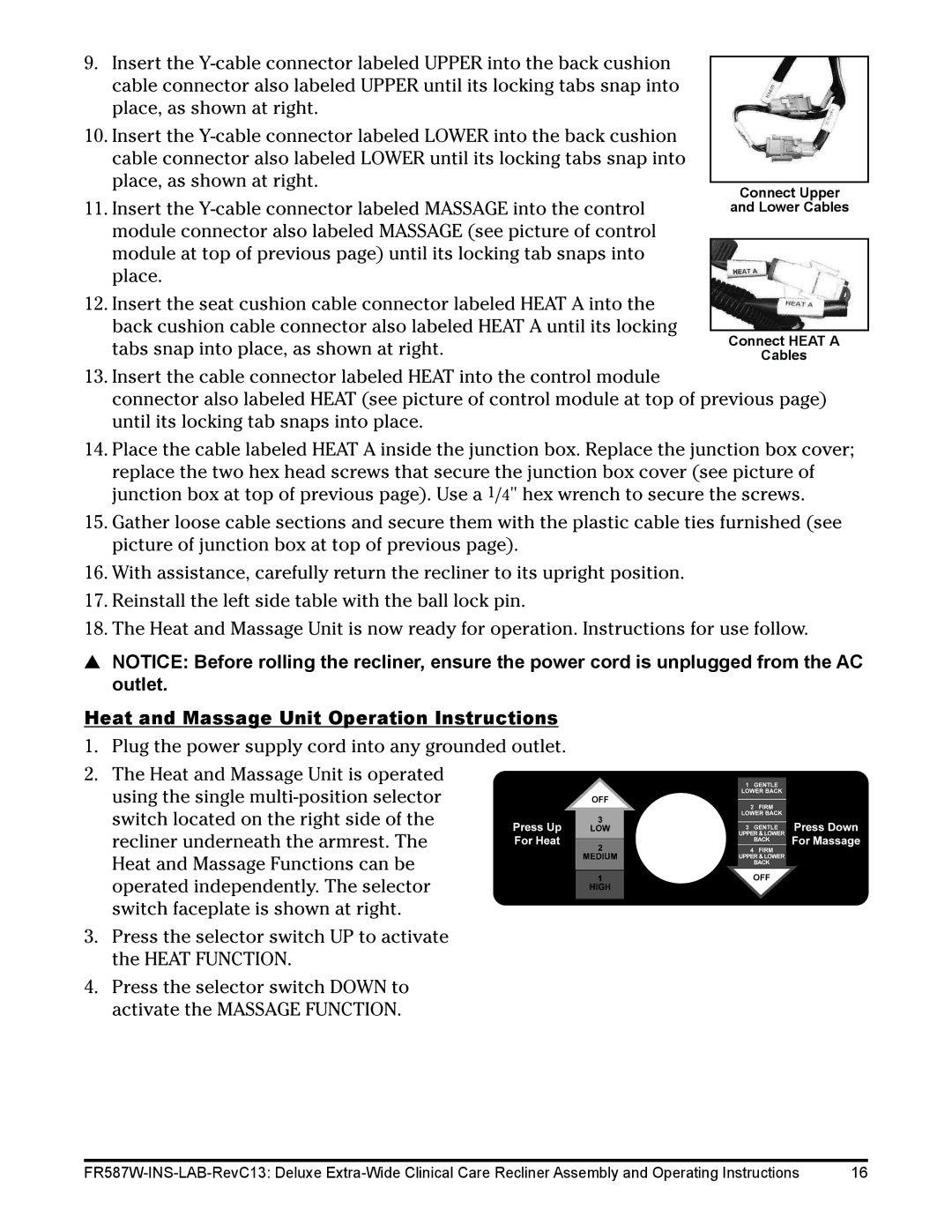 Lumex Syatems FR587WH operating instructions Heat and Massage Unit Operation Instructions 