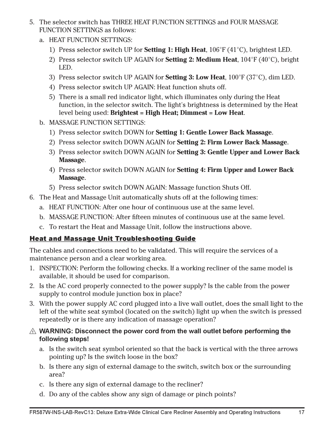 Lumex Syatems FR587WH operating instructions Heat and Massage Unit Troubleshooting Guide 