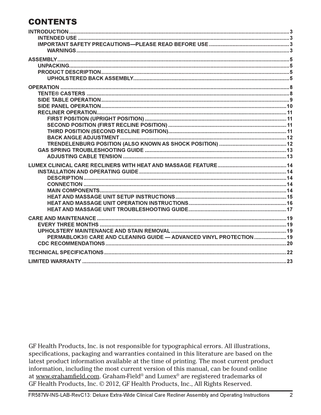 Lumex Syatems FR587WH operating instructions Contents 