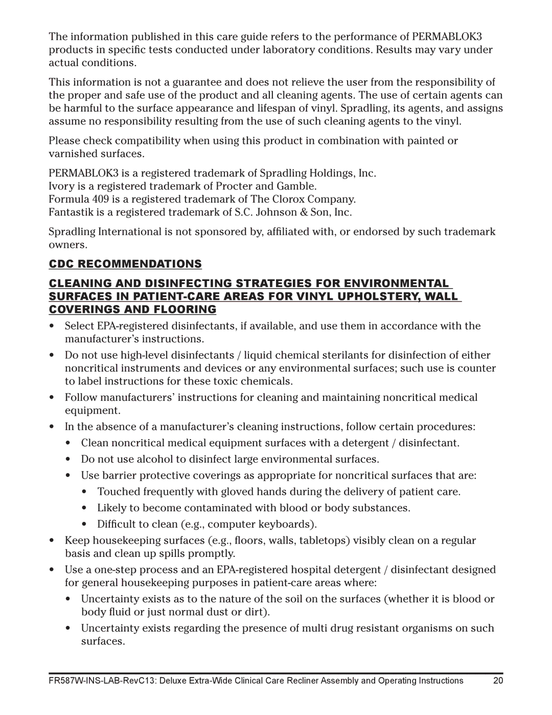 Lumex Syatems FR587WH operating instructions 