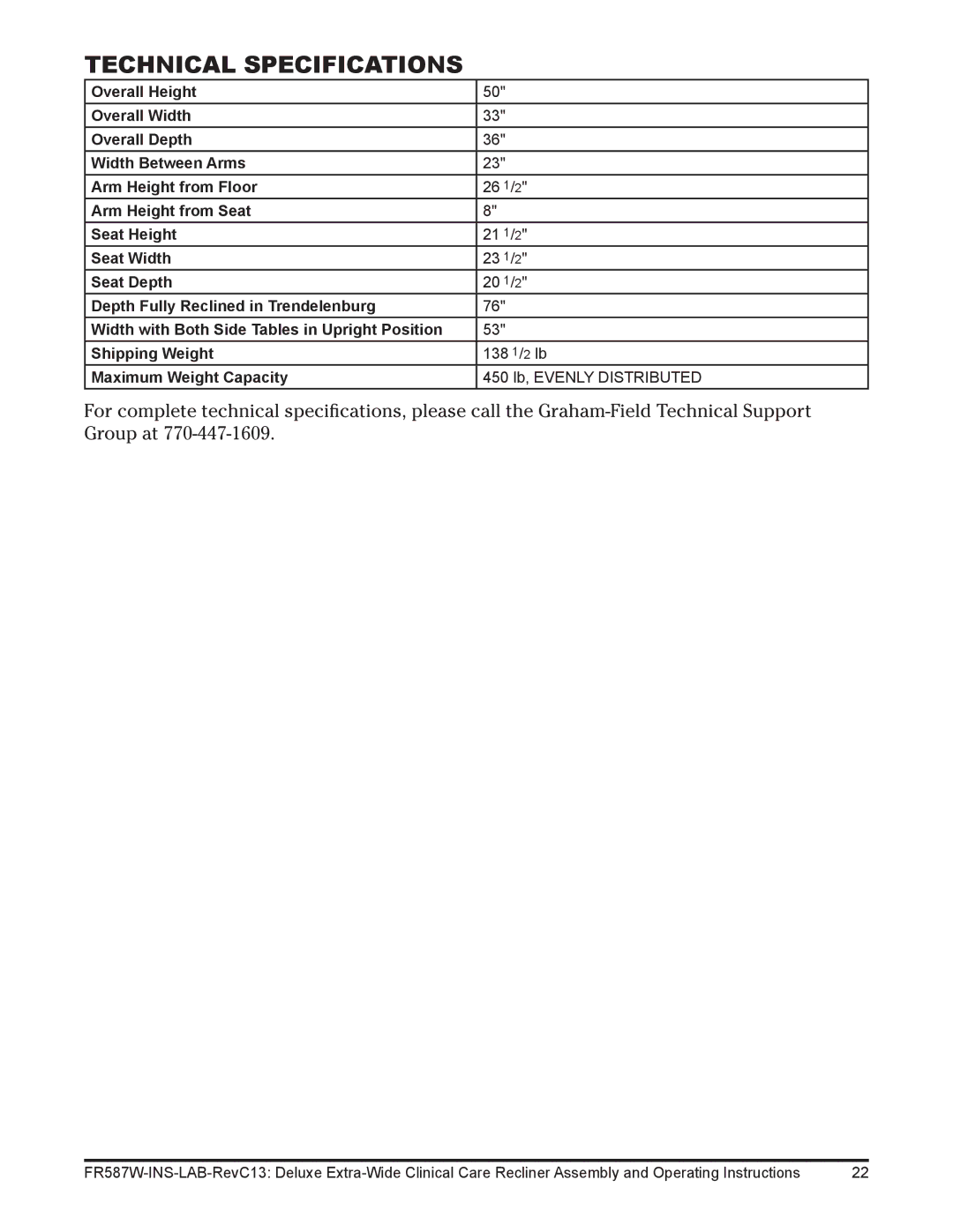 Lumex Syatems FR587WH operating instructions Technical Specifications 