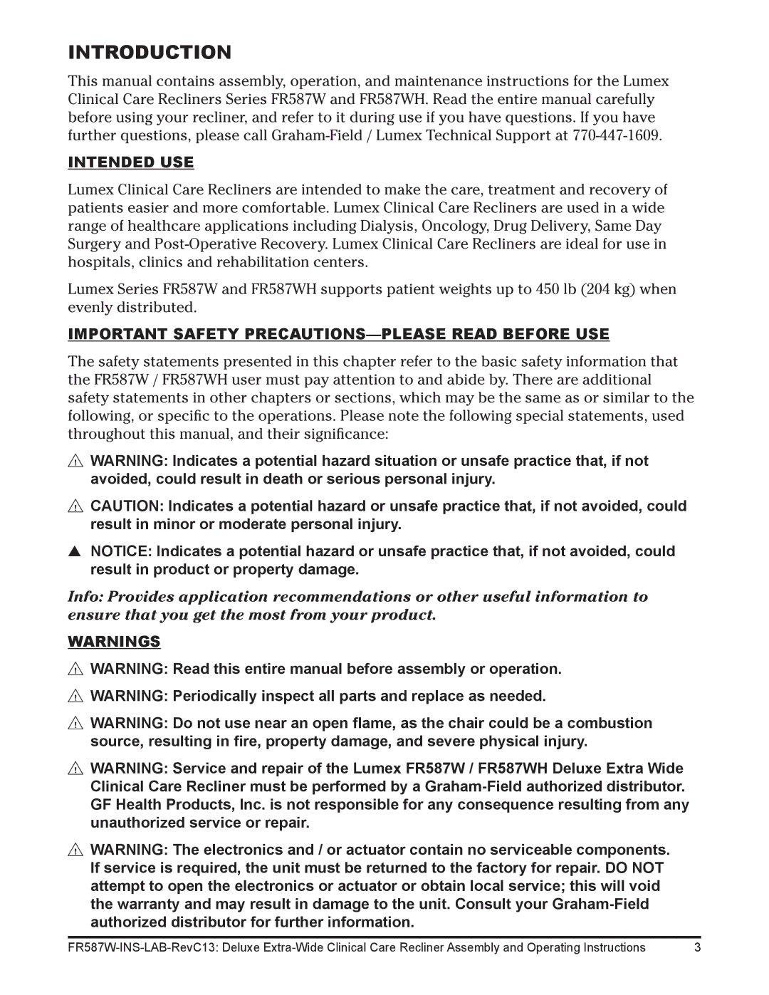 Lumex Syatems FR587WH Introduction, Intended USE, Important Safety PRECAUTIONS-PLEASE Read Before USE 