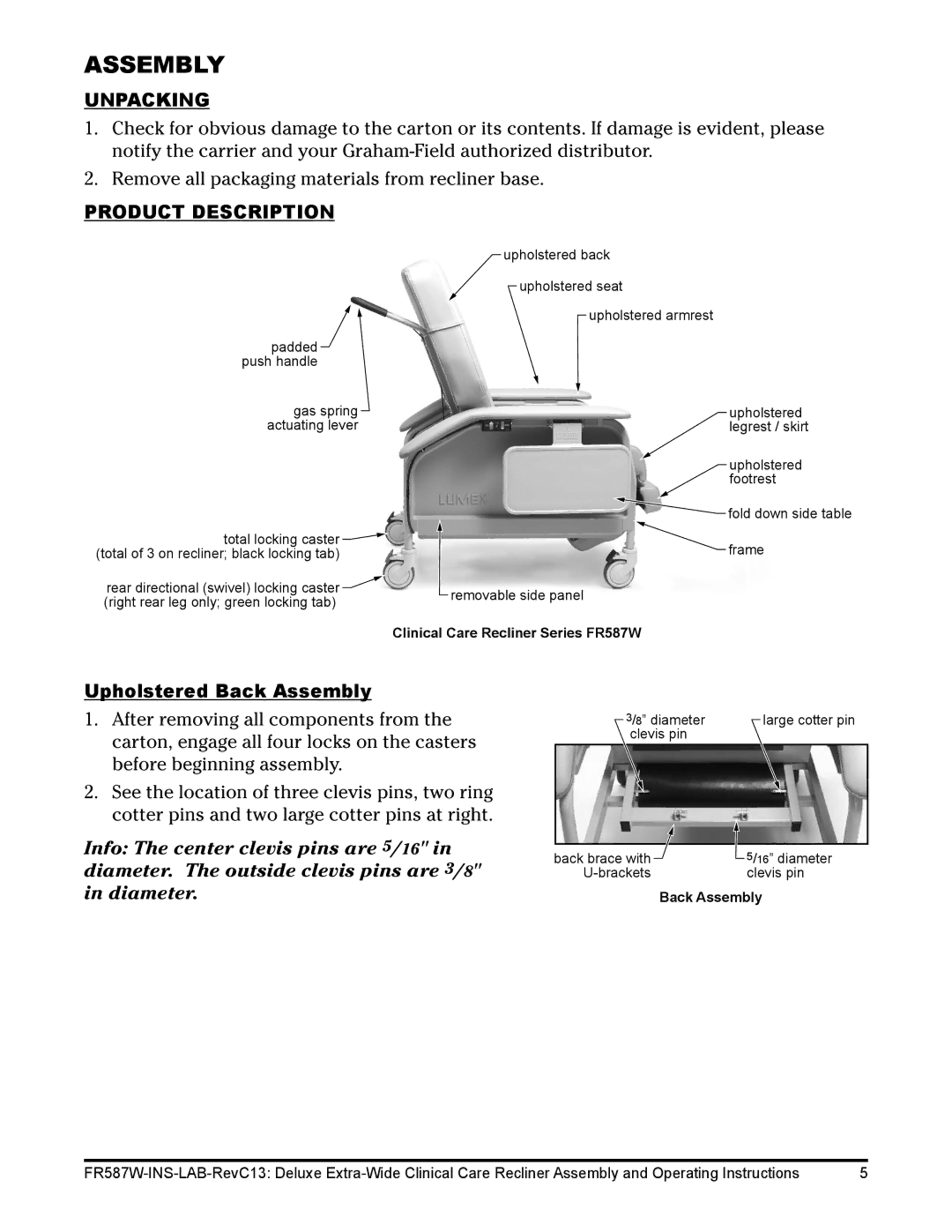 Lumex Syatems FR587WH operating instructions Unpacking, Product Description, Upholstered Back Assembly 