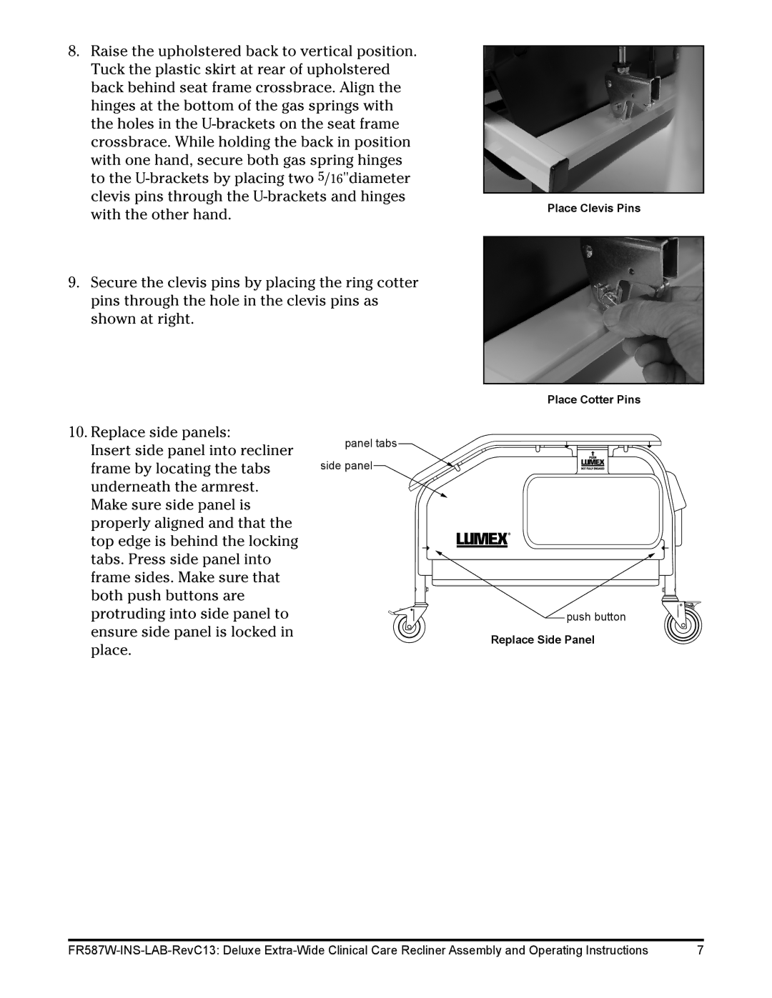 Lumex Syatems FR587WH operating instructions Place Clevis Pins Place Cotter Pins 