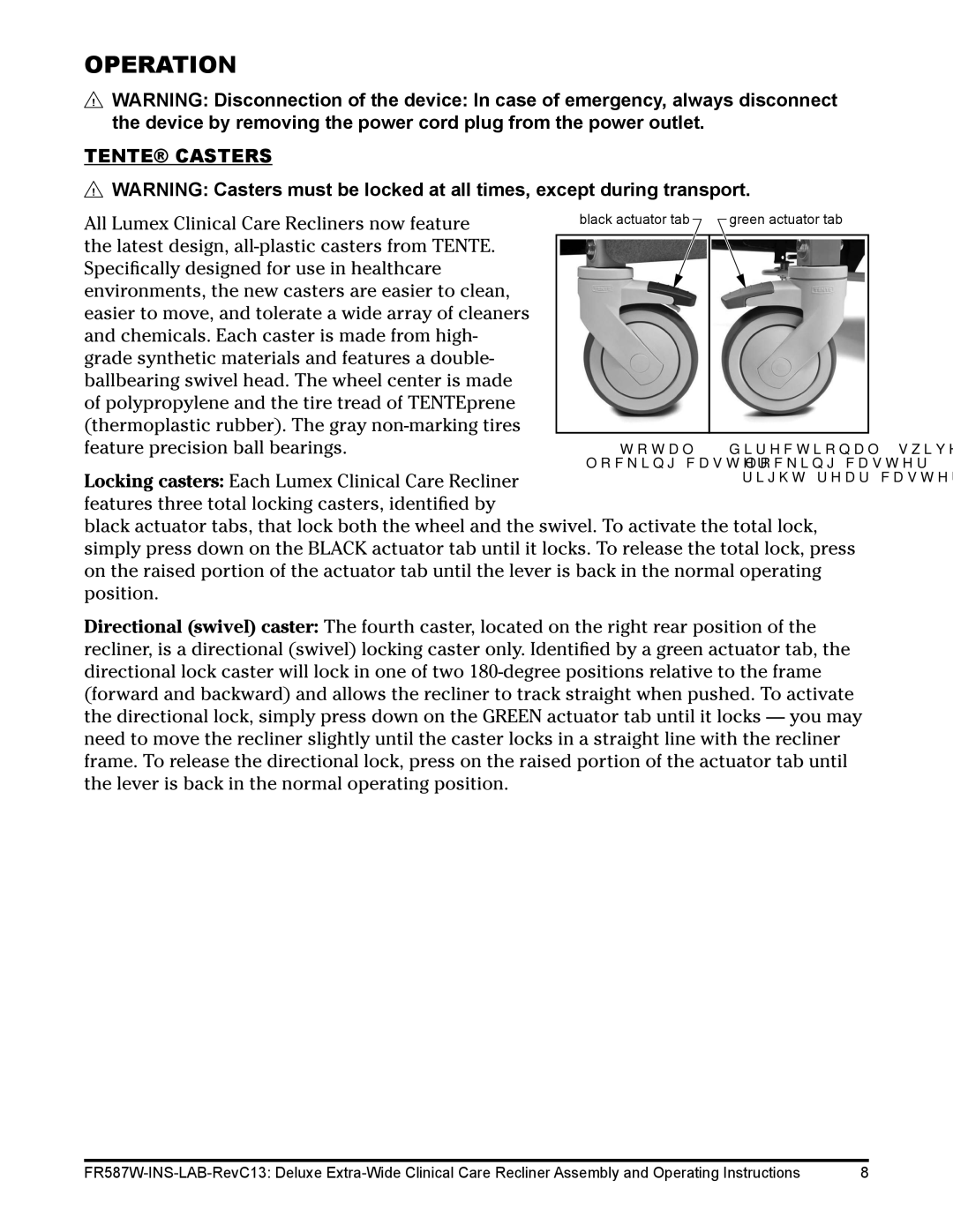 Lumex Syatems FR587WH operating instructions Operation, Tente Casters 